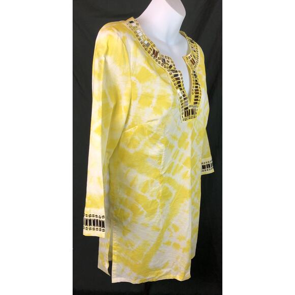 INC Tunic top 6 Yellow Tie-Dye Plunge V-Neck Beaded Boho hippie festival - Picture 2 of 6